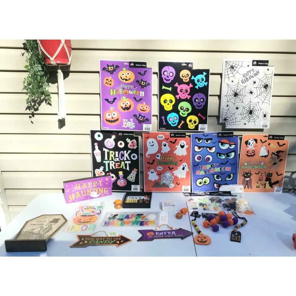 New Halloween Decor Bundle Wood Decor, Window Clings, Gel, Pom Pom, Arrows B5